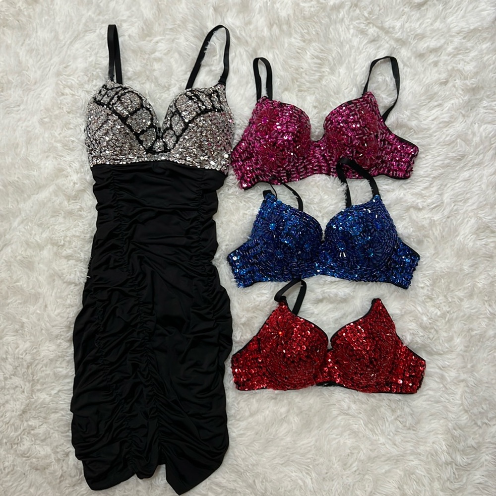 3 sequined bras and sequined dress